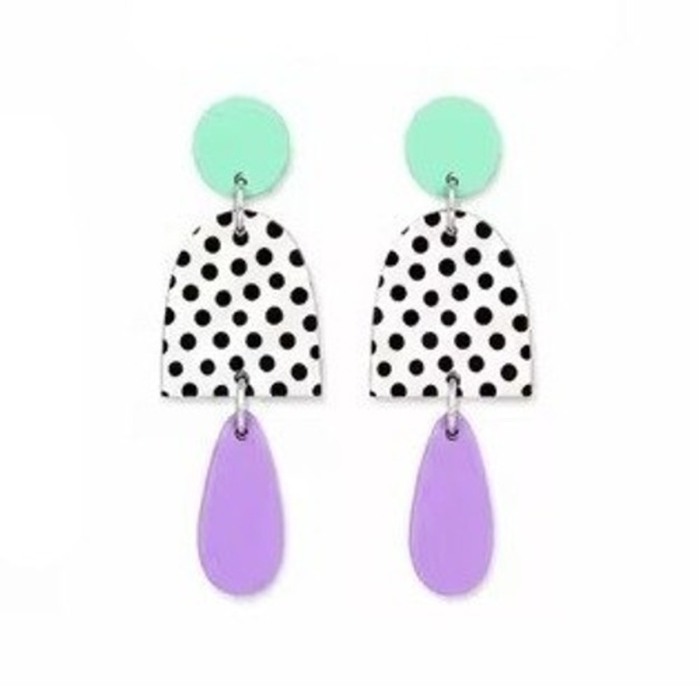 Geometric Polka Dot Drop Earrings Mint Green Lavender Purple Arch Dangle 2.17"